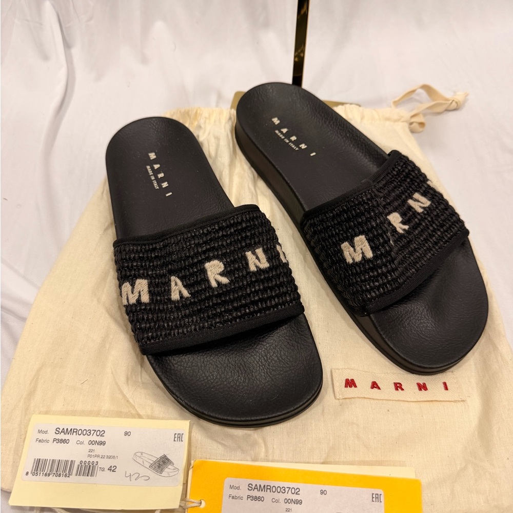 Marni Black and White Woven Slide Sandals